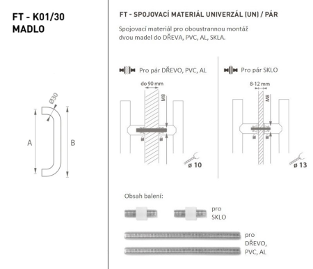 Kvaka za vrata MP FT - šifra K01 Ø 30 mm UN - par (BN - Brušeni nehrđajući čelik) - Duljina: 630 mm 600 mm Ø 30 mm