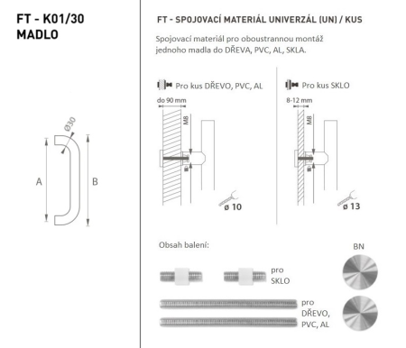 Kvaka za vrata MP FT - šifra K01 Ø 30 mm UN - kom (BN - Brušeni nehrđajući čelik) - Duljina: 630 mm600 mmØ 30 mm