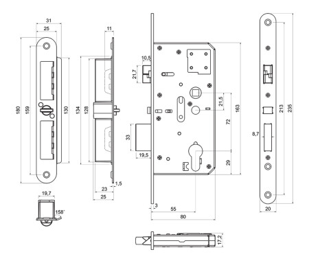 RICHTER utorna samozaključavajuća brava s panik funkcijom "E", za kuglaste/kvakaste okove. Z.302-SZ.PA.KO.72/55/20.PL