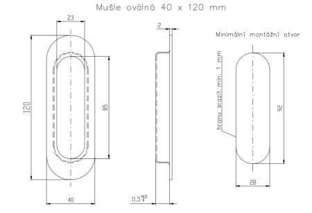 Školjka za klizna vrata ROSTEX ovalna 120x40 mm (MAT CRNA)